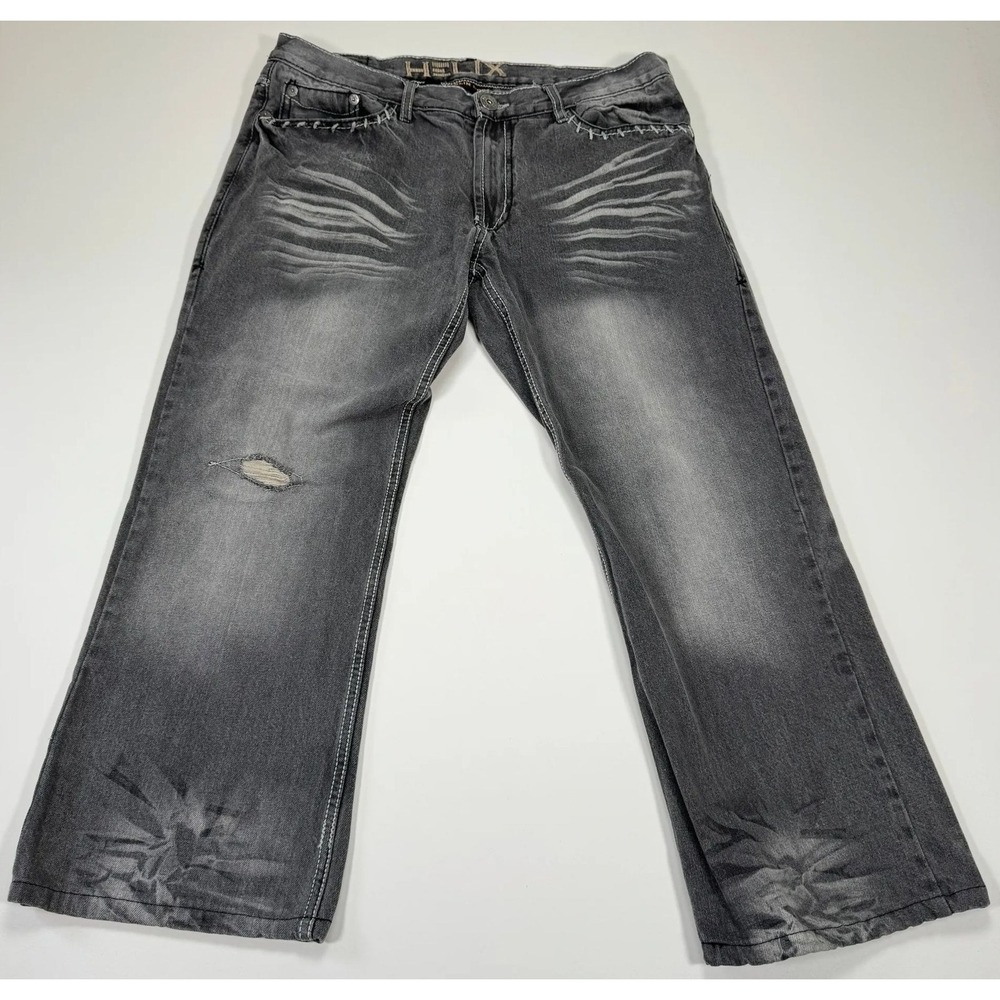 Helix Slim Bootcut Jeans Mens 36x26 Gray Faded Distressed Y2K Hemmed Denim